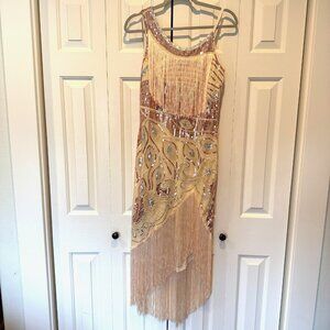 Sequin Tassel Flapper Dress Women's S Sleeveless Cream Peacock Pattern W/Accs